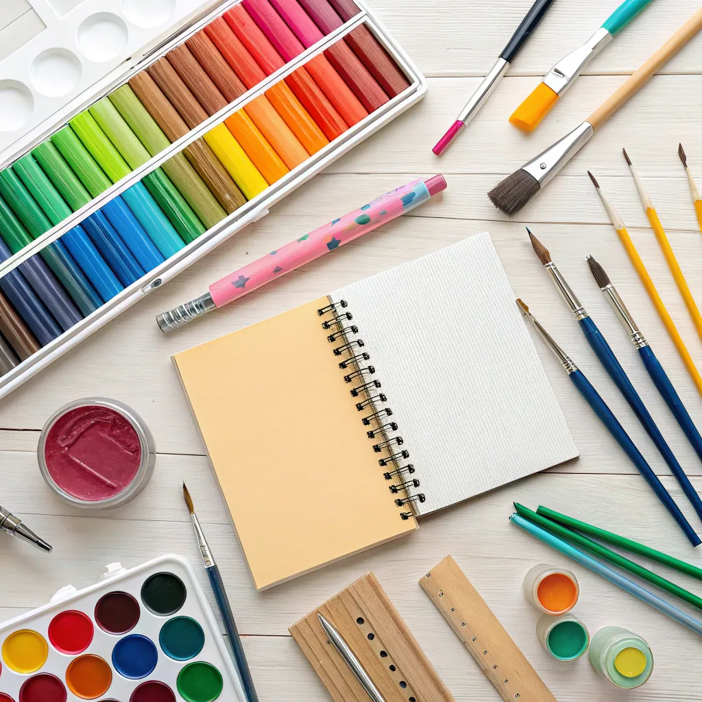 A vibrant drawing of art supplies spread out on a table